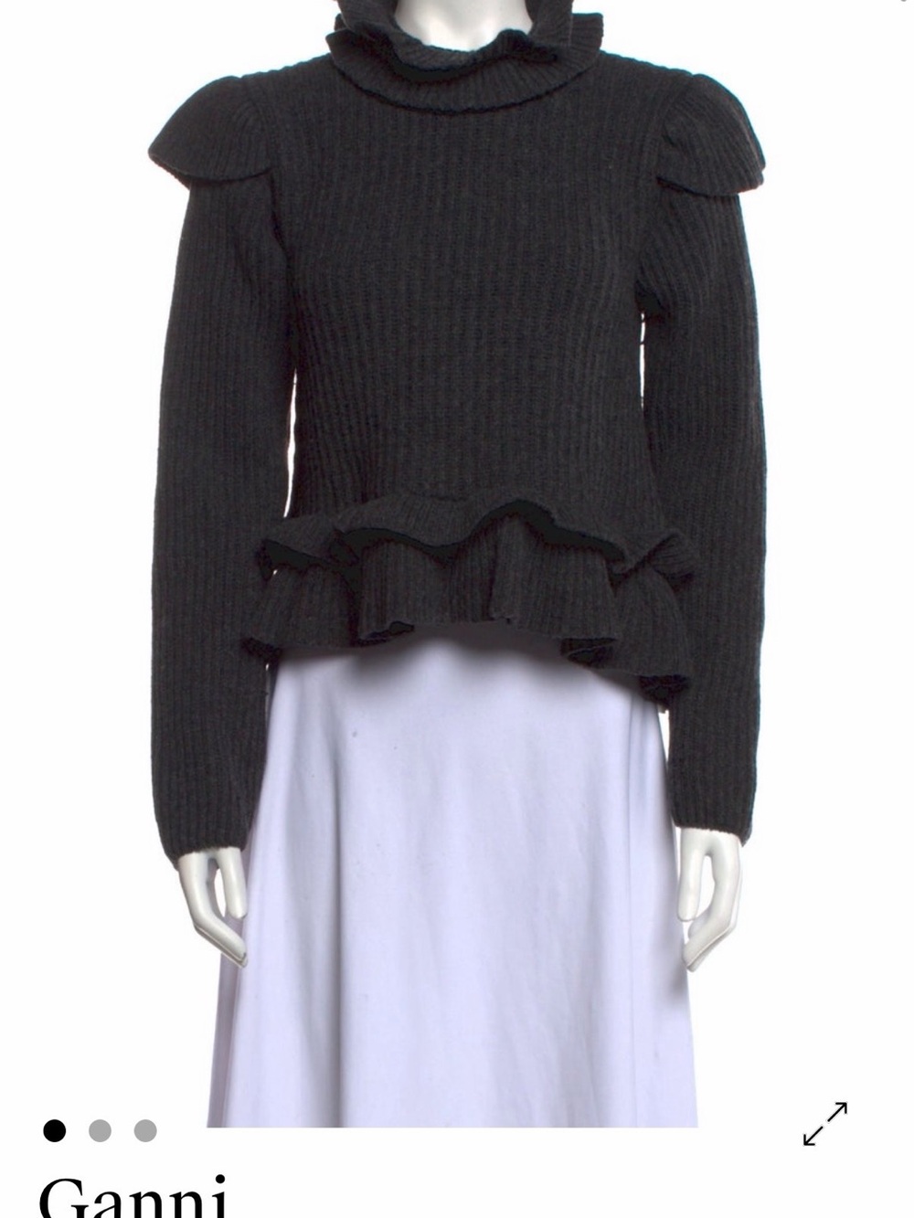 Ganni Gray Ruffled Rib-Knit Turtleneck Sweater